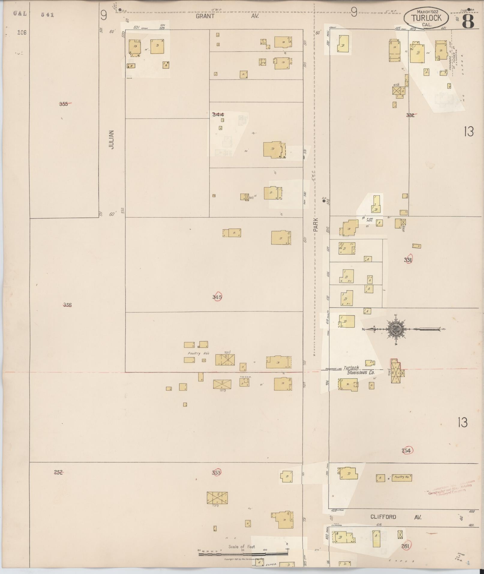 Sanborn Fire Insurance Map from Turlock, Stanislaus County, California (1943), Sheet #0008 - Complete Map Set gallery image, historic Sanborn map, vintage wall art, California California