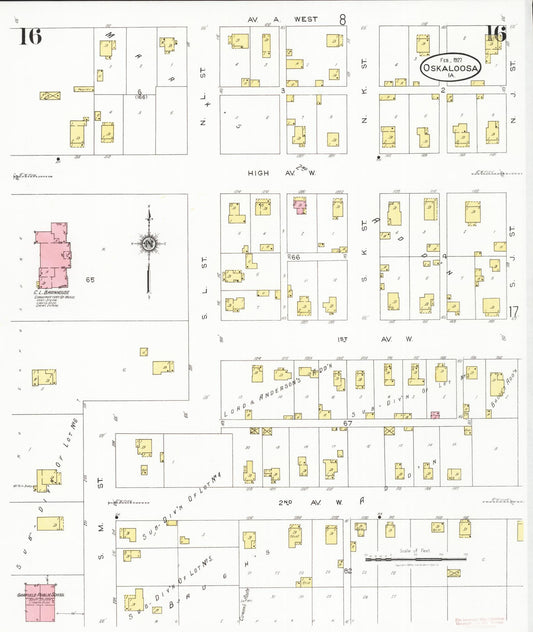 Sanborn Fire Insurance Map from Oskaloosa, Mahaska County, Iowa (1927), Sheet #0016 - Historic Sanborn Fire Insurance Map Print, vintage old map wall art