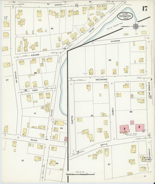 Sanborn Fire Insurance Map from Spencer, Worcester County, Massachusetts (1912), Sheet #0017 - Historic Sanborn Fire Insurance Map Print, vintage old map wall art, antique decor, genealogy gift, Massachusetts Massachusetts map