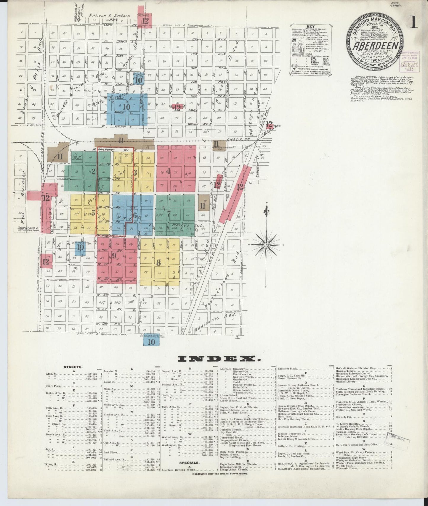 Sanborn Fire Insurance Map from Aberdeen, Brown County, South Dakota (1904), Sheet #0001 - Complete Map Set gallery image, historic Sanborn map, vintage wall art, South Dakota South Dakota