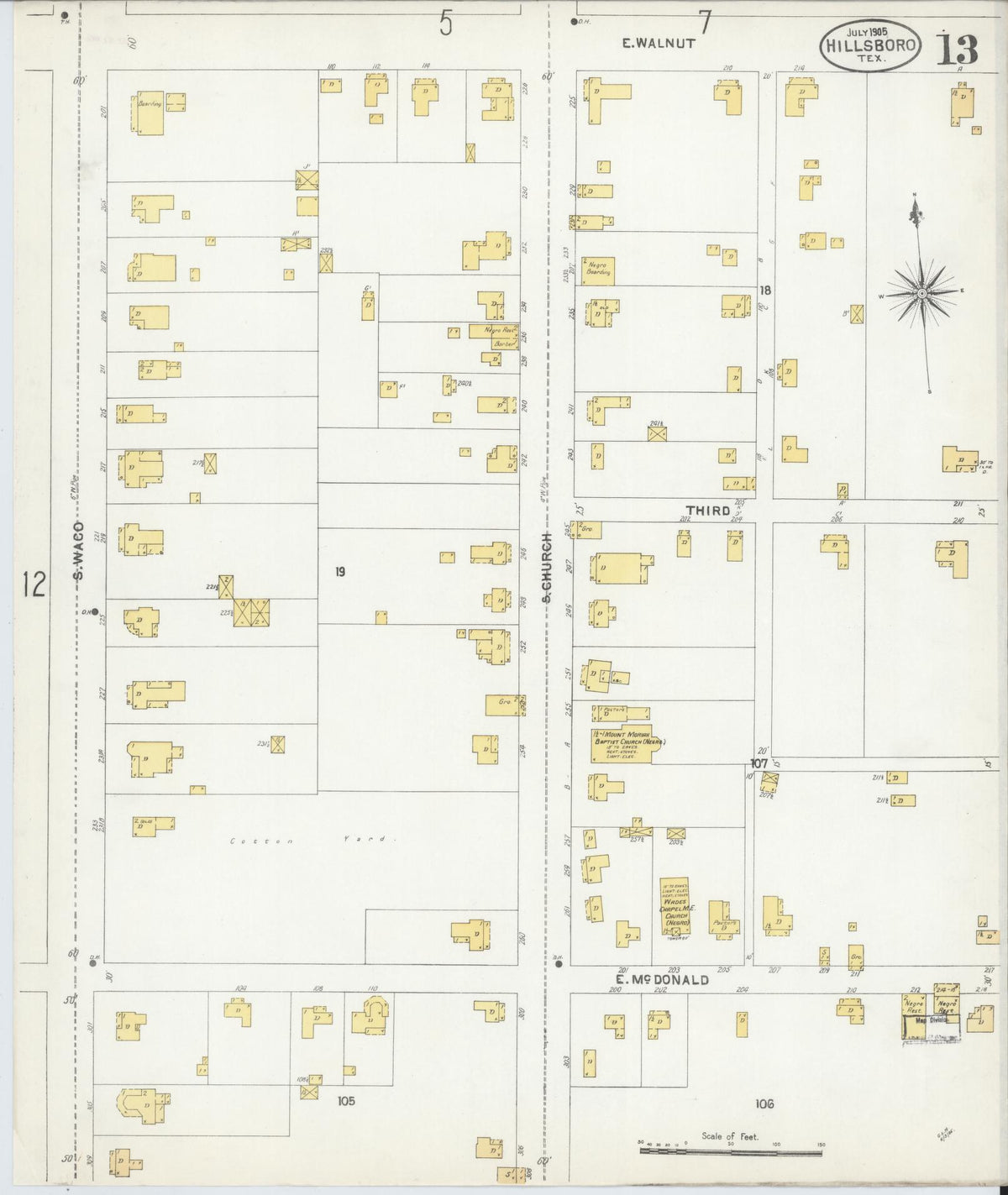 Sanborn Fire Insurance Map from Hillsboro, Hill County, Texas (1905), Sheet #0013 - Complete Map Set gallery image, historic Sanborn map, vintage wall art, Texas Texas