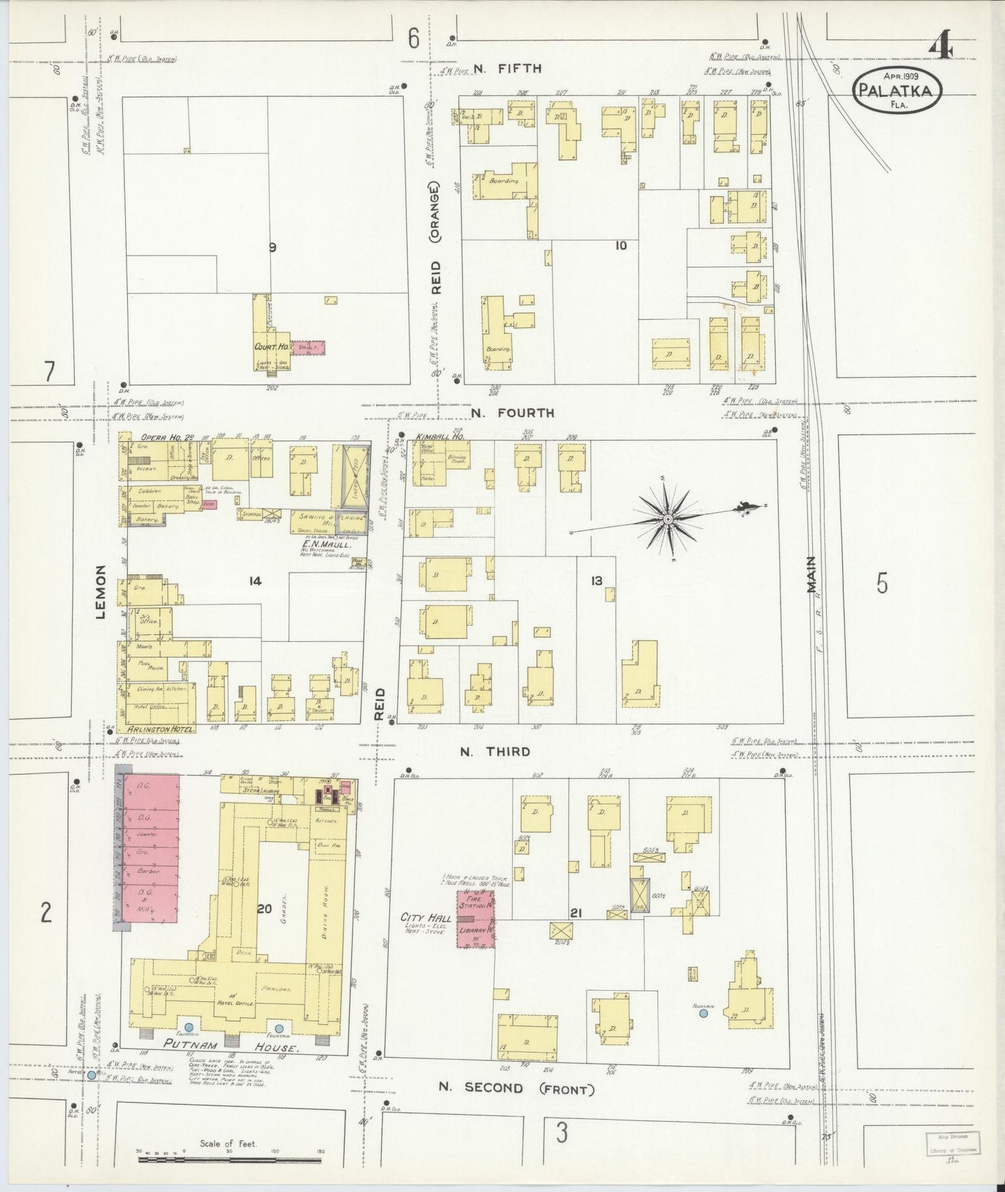 Sanborn Fire Insurance Map from Palatka, Putnam County, Florida (1909), Sheet #0004 - Complete Map Set gallery image, historic Sanborn map, vintage wall art, Florida Florida