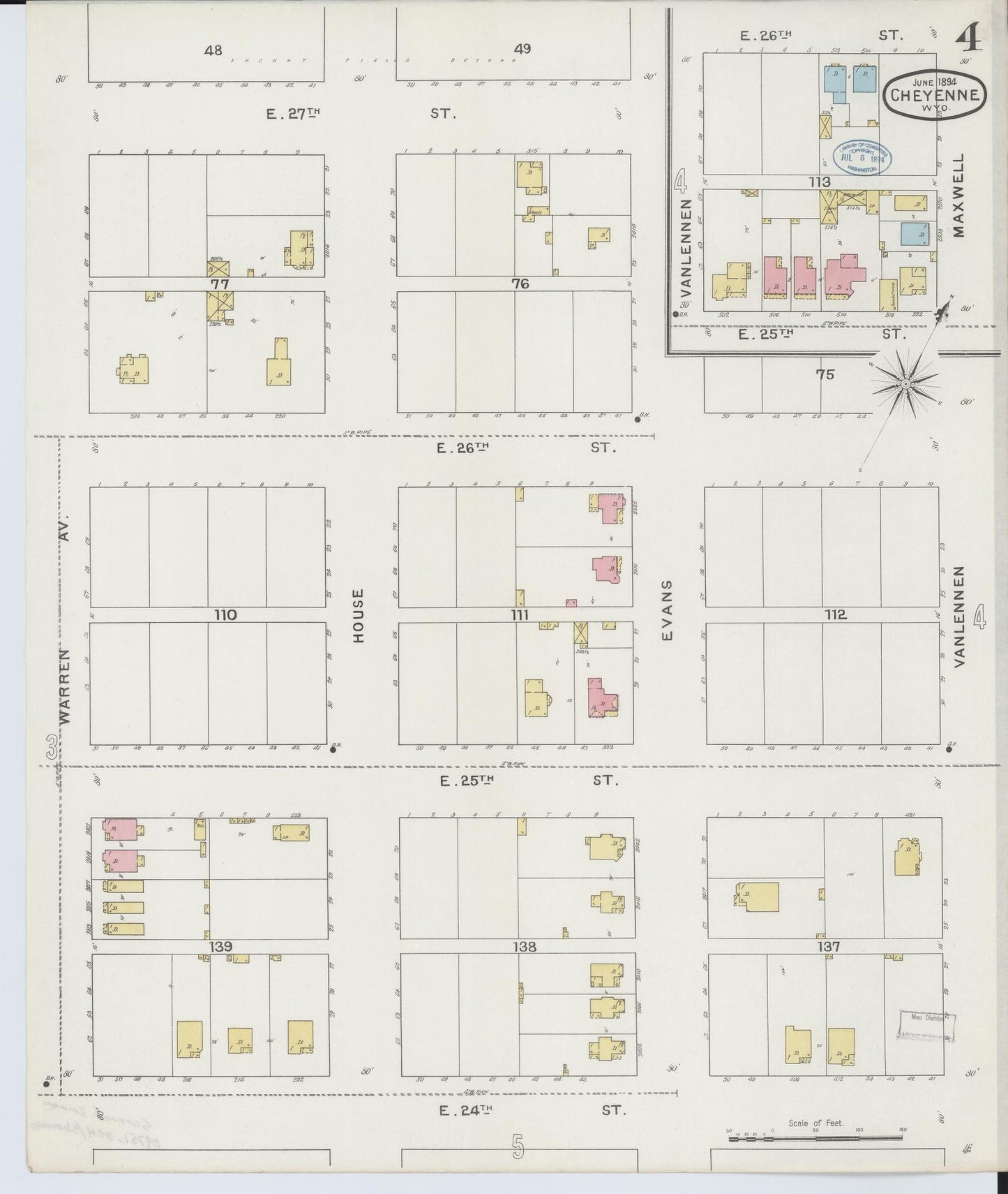 Sanborn Fire Insurance Map from Cheyenne, Laramie County, Wyoming (1894), Sheet #0004 - Complete Map Set gallery image, historic Sanborn map, vintage wall art, Wyoming Wyoming