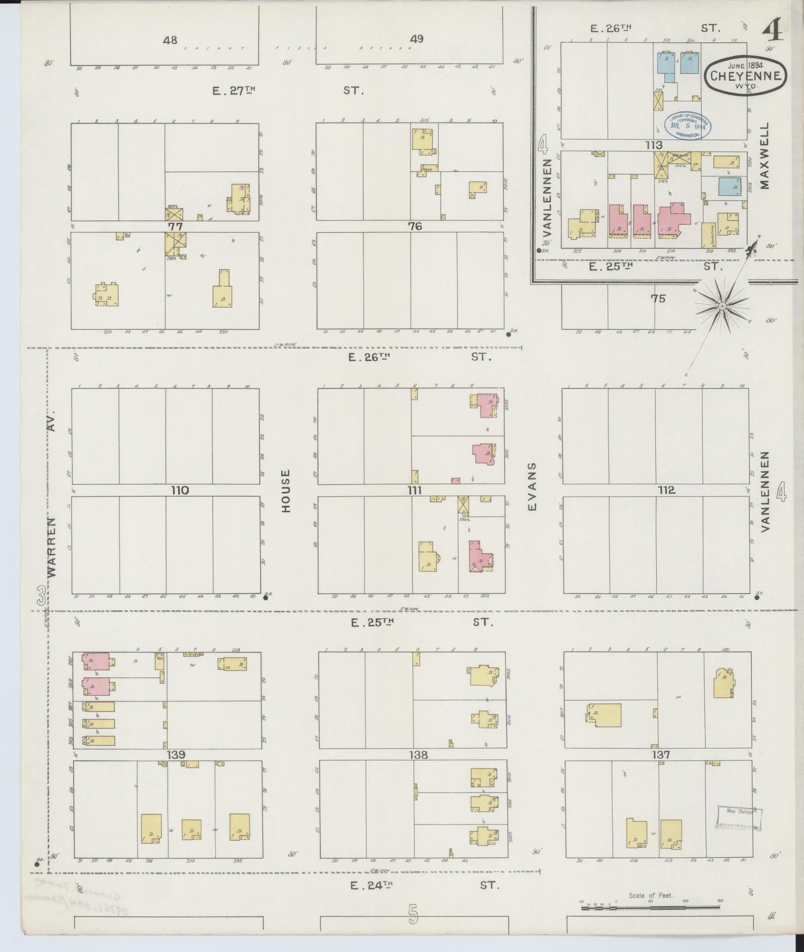 Sanborn Fire Insurance Map from Cheyenne, Laramie County, Wyoming (1894), Sheet #0004 - Complete Map Set gallery image, historic Sanborn map, vintage wall art, Wyoming Wyoming