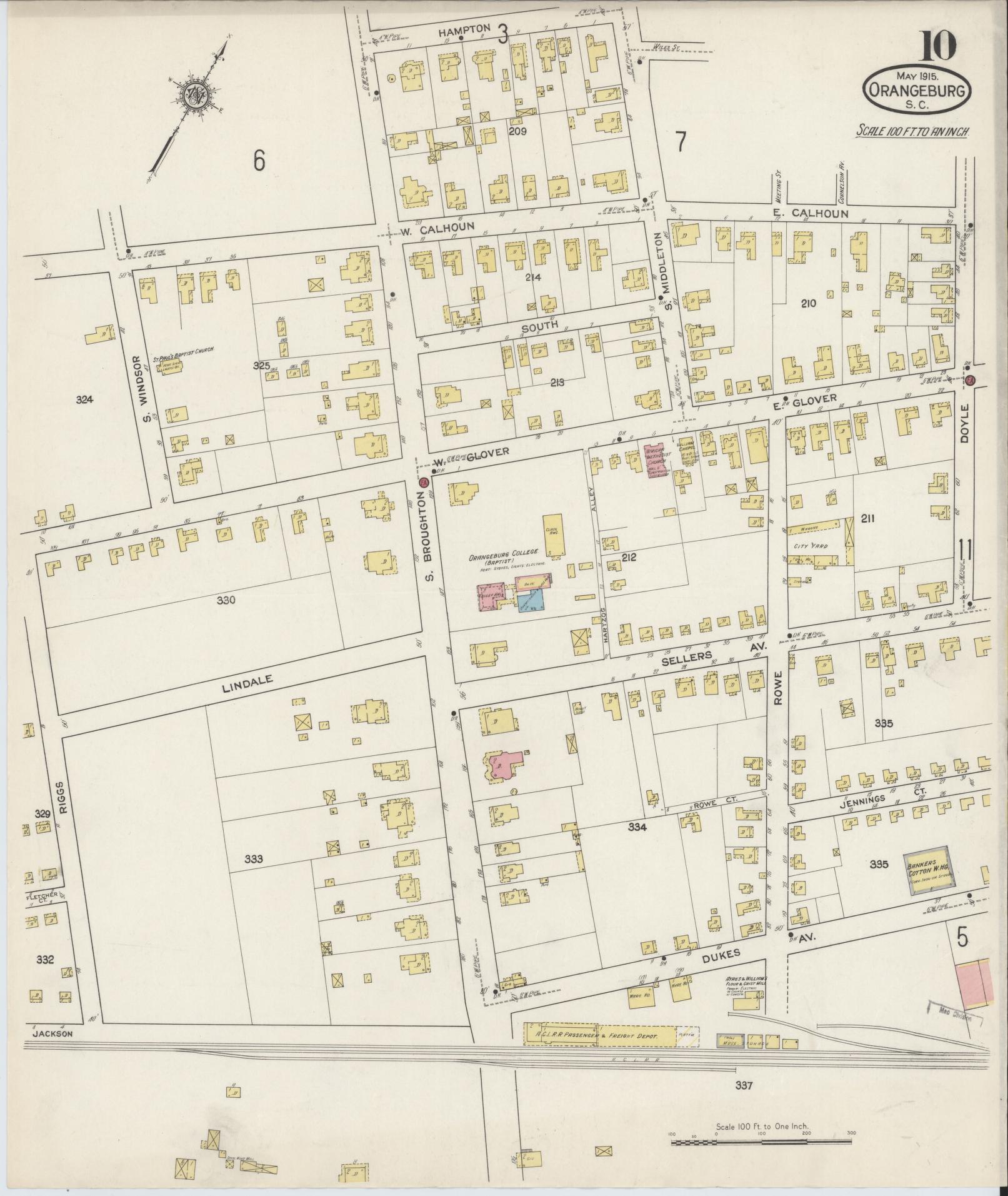 Sanborn Fire Insurance Map from Orangeburg, Orangeburg County, South Carolina (1915), Sheet #0010 - Historic Sanborn Fire Insurance Map Print, vintage old map wall art, antique decor, genealogy gift, South Carolina South Carolina map