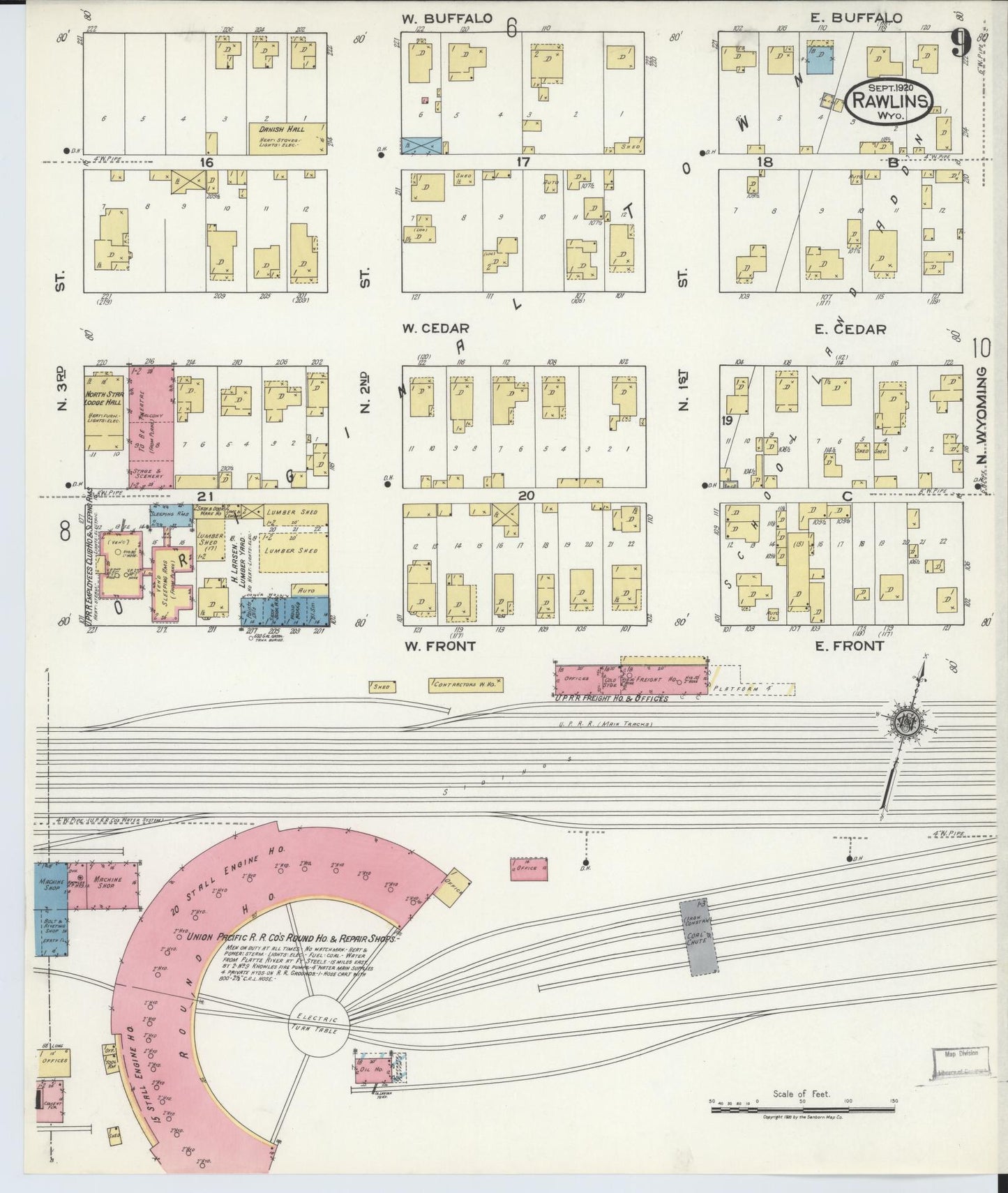 Sanborn Fire Insurance Map from Rawlins, Carbon County, Wyoming (1920), Sheet #0009 - Complete Map Set gallery image, historic Sanborn map, vintage wall art, Wyoming Wyoming