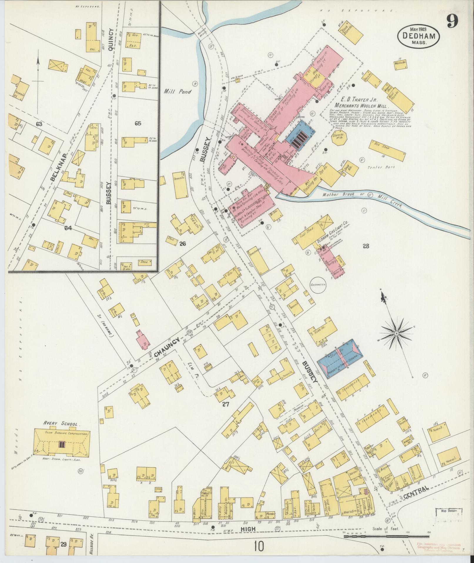 Sanborn Fire Insurance Map from Dedham, Norfolk County, Massachusetts (1903), Sheet #0009 - Historic Sanborn Fire Insurance Map Print, vintage old map wall art, antique decor, genealogy gift, Massachusetts Massachusetts map