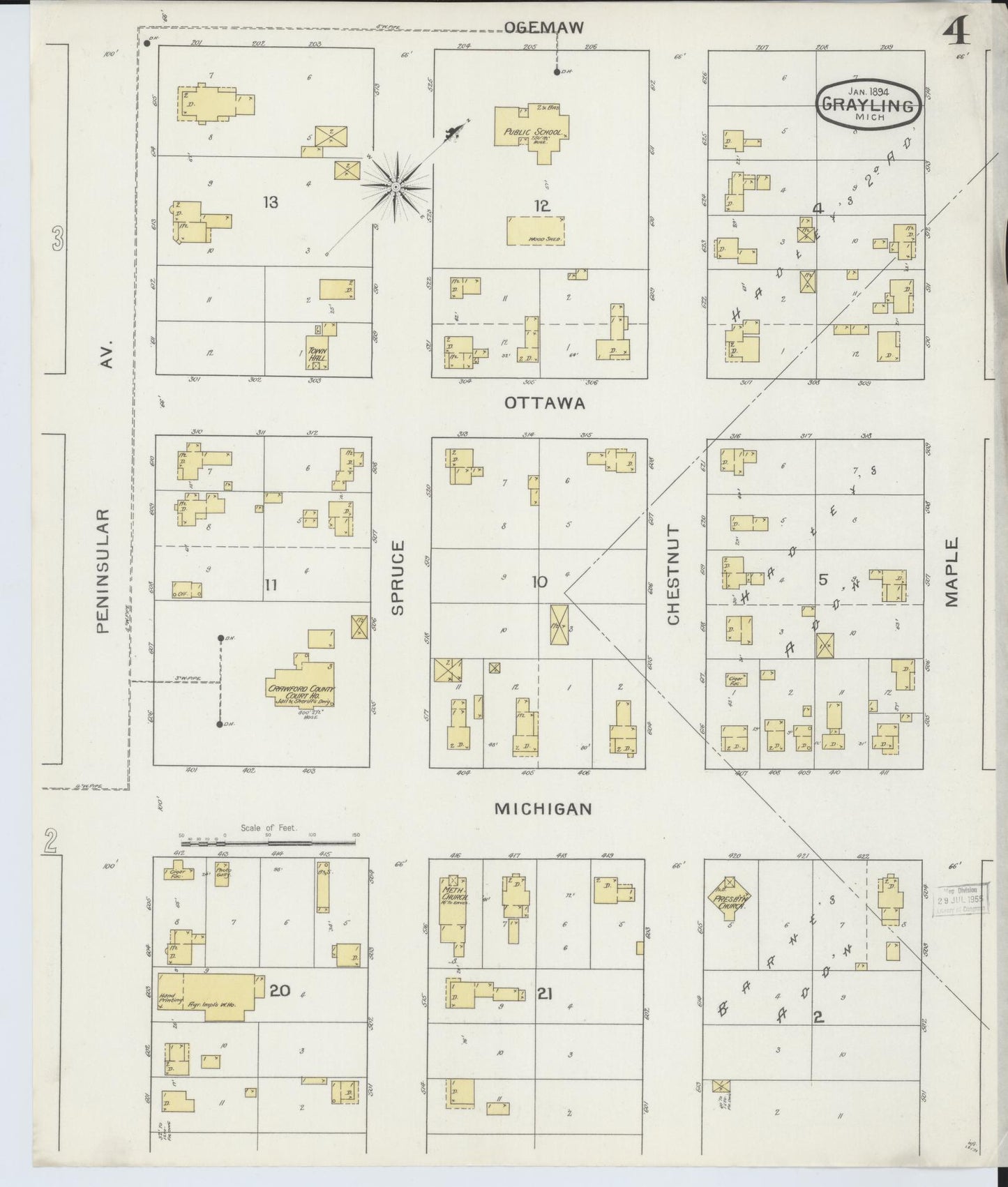 Sanborn Fire Insurance Map from Grayling, Crawford County, Michigan (1894), Sheet #0004 - Historic Sanborn Fire Insurance Map Print, vintage old map wall art, antique decor, genealogy gift, Michigan Michigan map