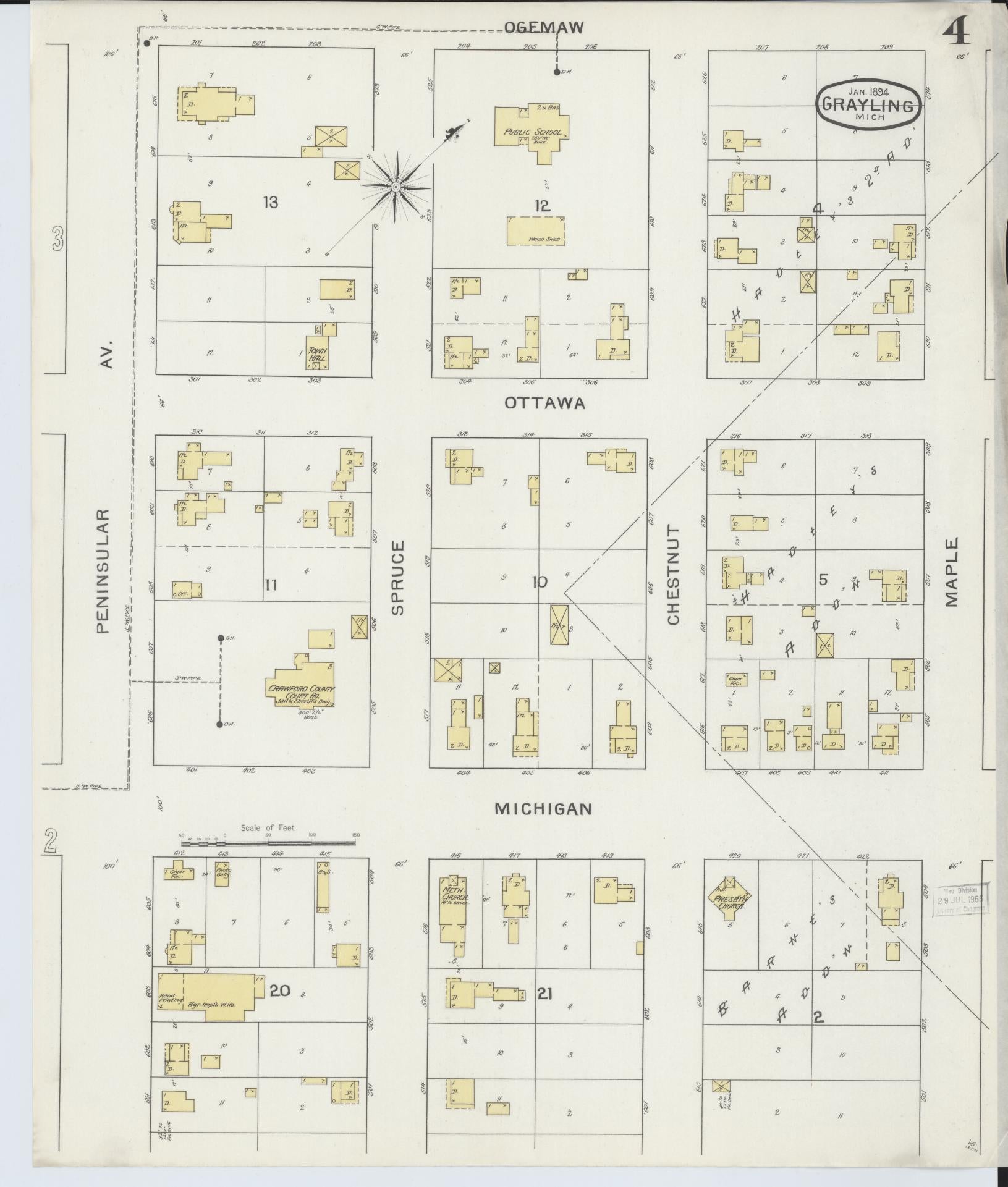 Sanborn Fire Insurance Map from Grayling, Crawford County, Michigan (1894), Sheet #0004 - Historic Sanborn Fire Insurance Map Print, vintage old map wall art, antique decor, genealogy gift, Michigan Michigan map