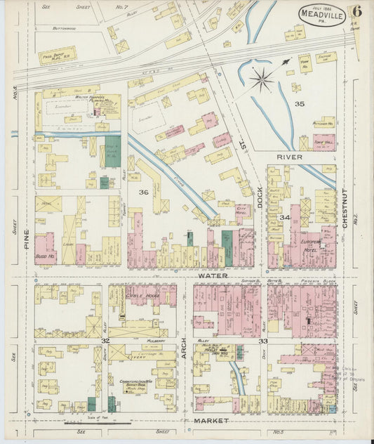 Sanborn Fire Insurance Map from Meadville, Crawford County, Pennsylvania (1886), Sheet #0006 - Historic Sanborn Fire Insurance Map Print, vintage old map wall art, antique decor, genealogy gift, Pennsylvania Pennsylvania map