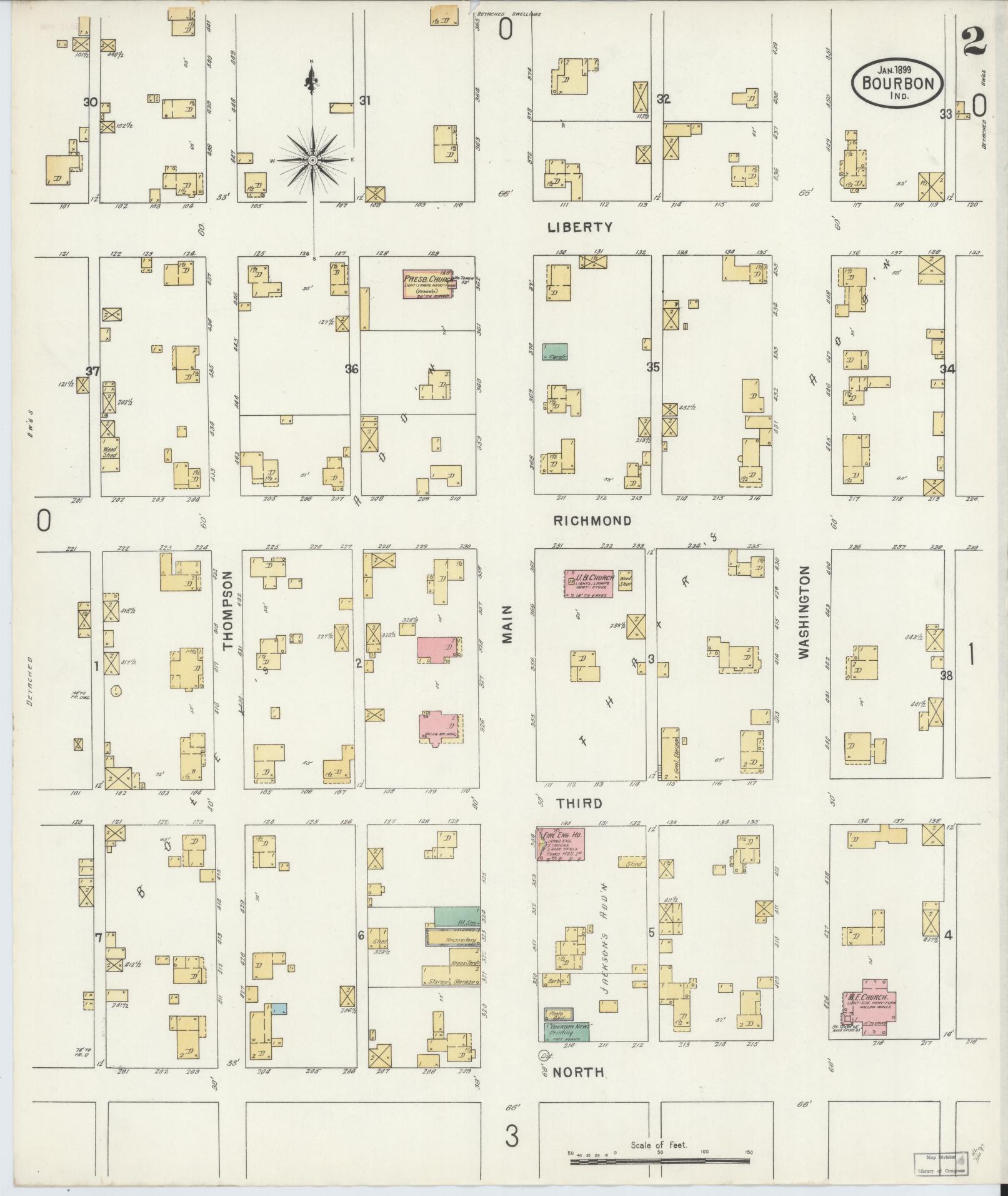 Sanborn Fire Insurance Map from Bourbon, Marshall County, Indiana (1899), Sheet #0002 - Complete Map Set gallery image, historic Sanborn map, vintage wall art, Indiana Indiana