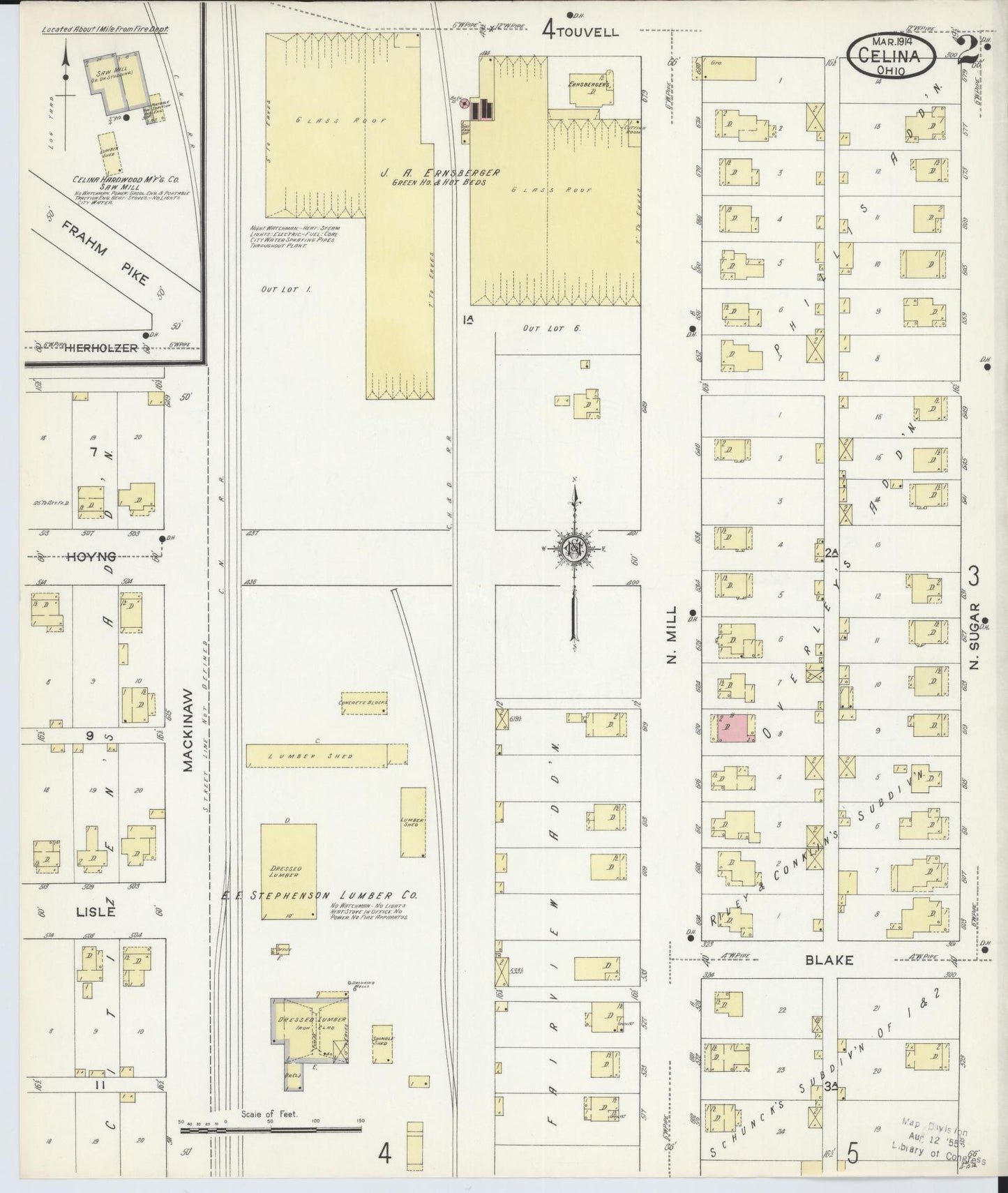 Sanborn Fire Insurance Map from Celina, Mercer County, Ohio (1914), Sheet #0002 - Historic Sanborn Fire Insurance Map Print, vintage old map wall art, antique decor, genealogy gift, Ohio Ohio map