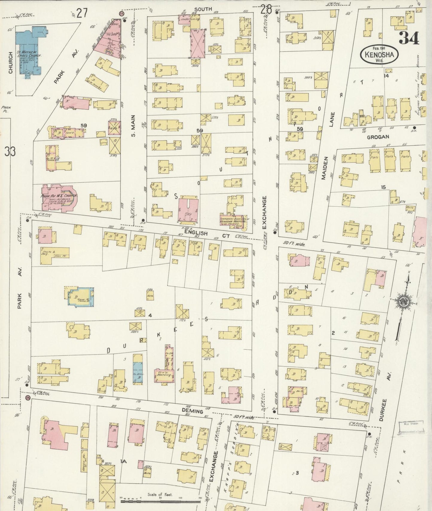 Sanborn Fire Insurance Map from Kenosha, Kenosha County, Wisconsin (1911), Sheet #0034 - Historic Sanborn Fire Insurance Map Print, vintage old map wall art, antique decor, genealogy gift, Wisconsin Wisconsin map