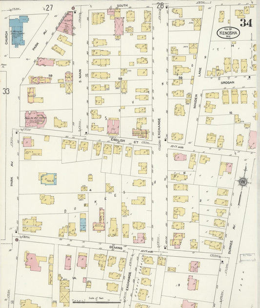 Sanborn Fire Insurance Map from Kenosha, Kenosha County, Wisconsin (1911), Sheet #0034 - Historic Sanborn Fire Insurance Map Print, vintage old map wall art, antique decor, genealogy gift, Wisconsin Wisconsin map