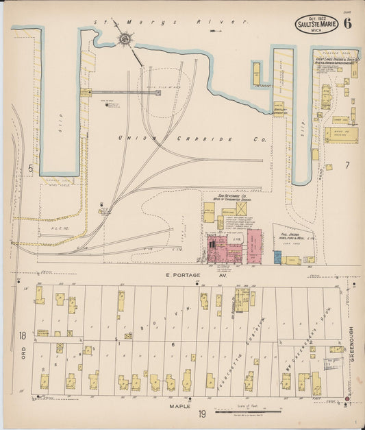 Sanborn Fire Insurance Map from Sault Sainte Marie, Chippewa County, Michigan (1922), Sheet #0006 - Historic Sanborn Fire Insurance Map Print, vintage old map wall art, antique decor, genealogy gift, Michigan Michigan map