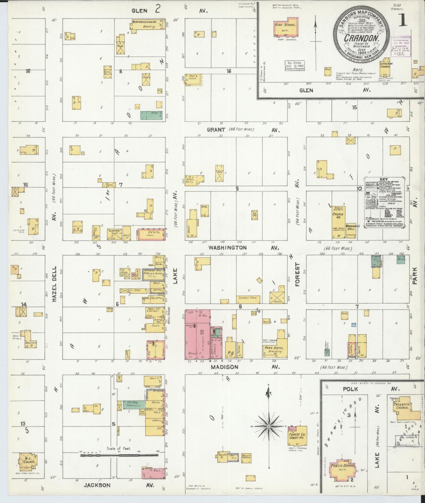 Sanborn Fire Insurance Map from Crandon, Forest County, Wisconsin (1904), Sheet #0001 - Historic Sanborn Fire Insurance Map Print, vintage old map wall art, antique decor, genealogy gift, Wisconsin Wisconsin map