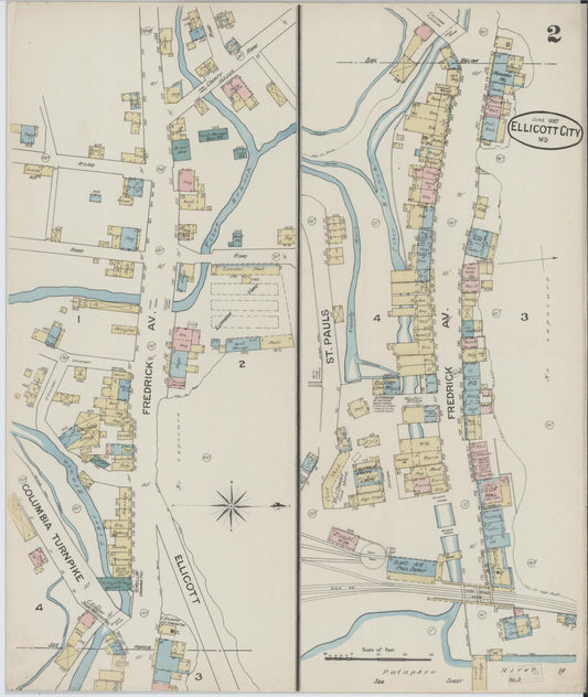 Sanborn Fire Insurance Map from Ellicott City, Howard County, Maryland (1887), Sheet #0002 - Historic Sanborn Fire Insurance Map Print, vintage old map wall art, antique decor, genealogy gift, Maryland Maryland map