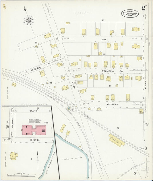 Sanborn Fire Insurance Map from Stonington, New London County, Connecticut (1907), Sheet #0002 - Historic Sanborn Fire Insurance Map Print, vintage old map wall art, antique decor, genealogy gift, Connecticut Connecticut map