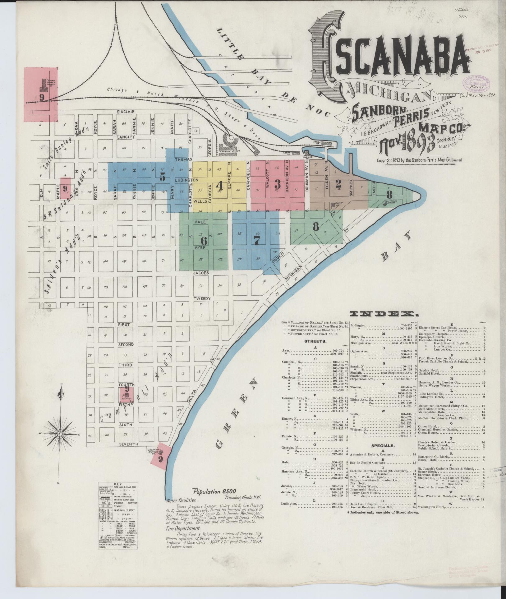 Sanborn Fire Insurance Map from Escanaba, Delta County, Michigan (1893), Sheet #0001 - Historic Sanborn Fire Insurance Map Print, vintage old map wall art, antique decor, genealogy gift, Michigan Michigan map