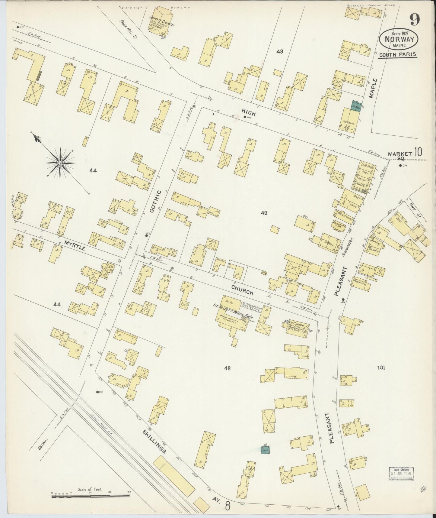 Sanborn Fire Insurance Map from Norway, Oxford County, Maine (1907), Sheet #0009 - Complete Map Set gallery image, historic Sanborn map, vintage wall art, Maine Maine
