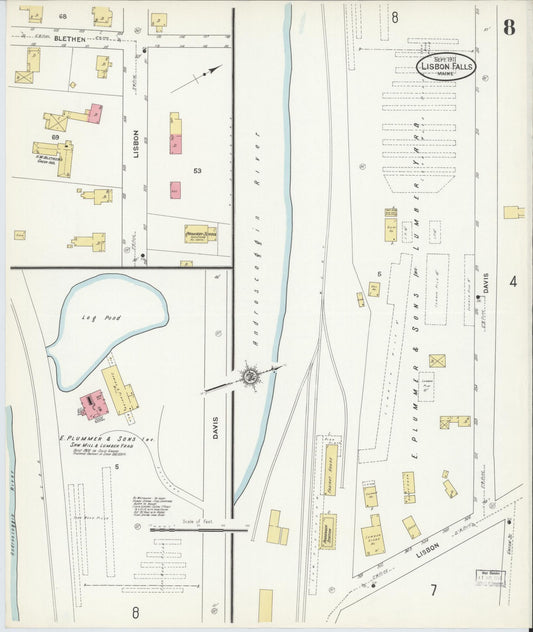 Sanborn Fire Insurance Map from Lisbon Falls, Androscoggin County, Maine (1911), Sheet #0008 - Historic Sanborn Fire Insurance Map Print, vintage old map wall art, antique decor, genealogy gift, Maine Maine map