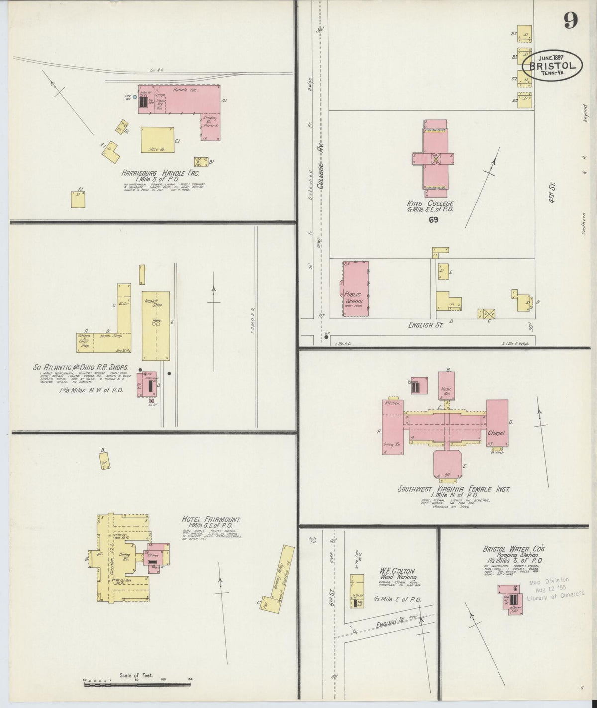 Sanborn Fire Insurance Map from Bristol, Sullivan County, Tennessee (1898), Sheet #0009 - Historic Sanborn Fire Insurance Map Print, vintage old map wall art, antique decor, genealogy gift, Tennessee Tennessee map
