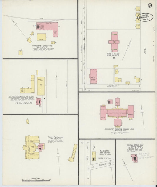 Sanborn Fire Insurance Map from Bristol, Sullivan County, Tennessee (1898), Sheet #0009 - Historic Sanborn Fire Insurance Map Print, vintage old map wall art, antique decor, genealogy gift, Tennessee Tennessee map