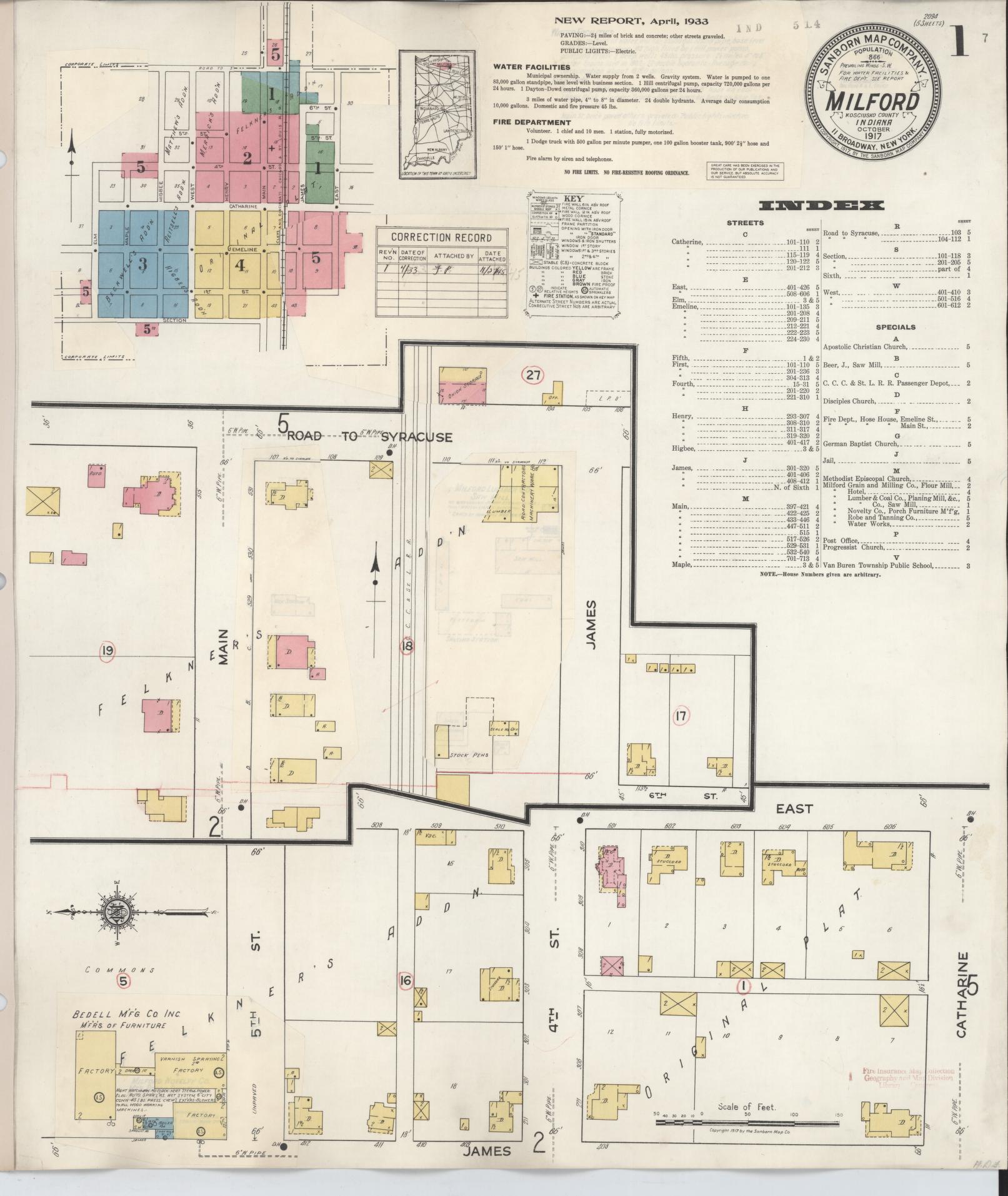 Sanborn Fire Insurance Map from Milford, Kosciusko County, Indiana. (1933) – Historic Sanborn Fire Insurance Map Print