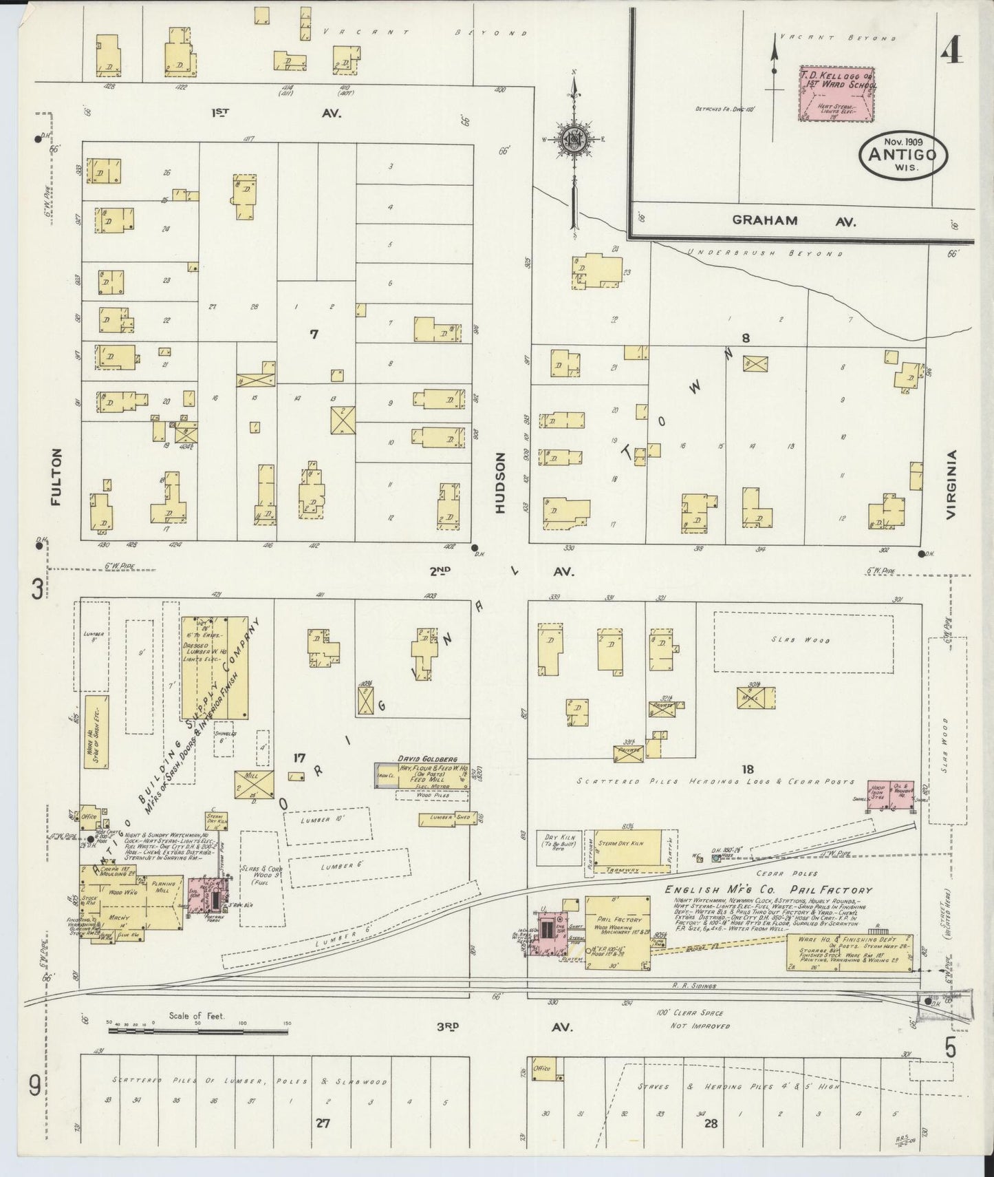 Sanborn Fire Insurance Map from Antigo, Langlade County, Wisconsin (1909), Sheet #0004 - Complete Map Set gallery image, historic Sanborn map, vintage wall art, Wisconsin Wisconsin