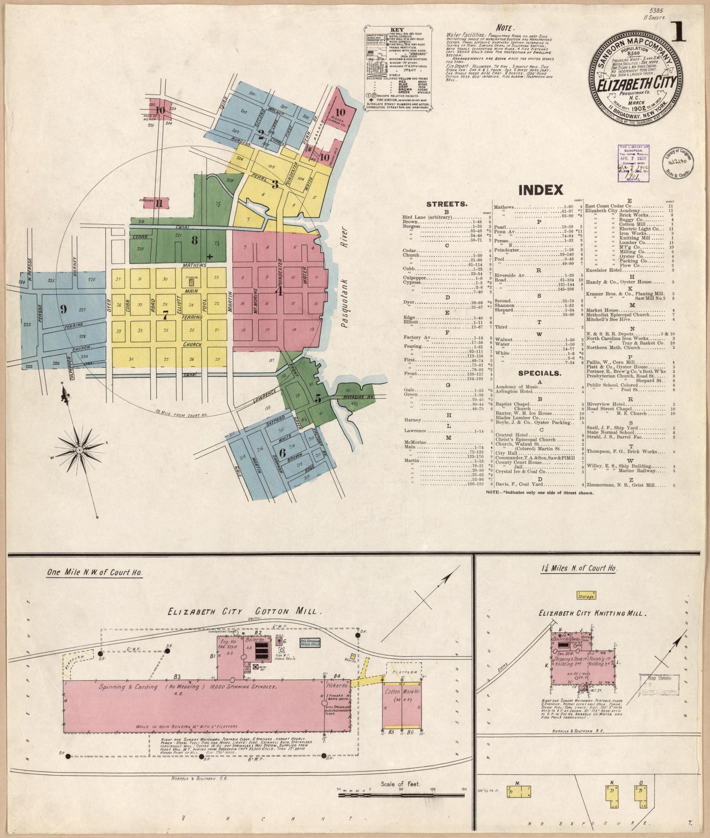 Sanborn Fire Insurance Map from Elizabeth City, Pasquotank County, North Carolina (1902), Sheet #0001 - Historic Sanborn Fire Insurance Map Print, vintage old map wall art, antique decor, genealogy gift, North Carolina North Carolina map