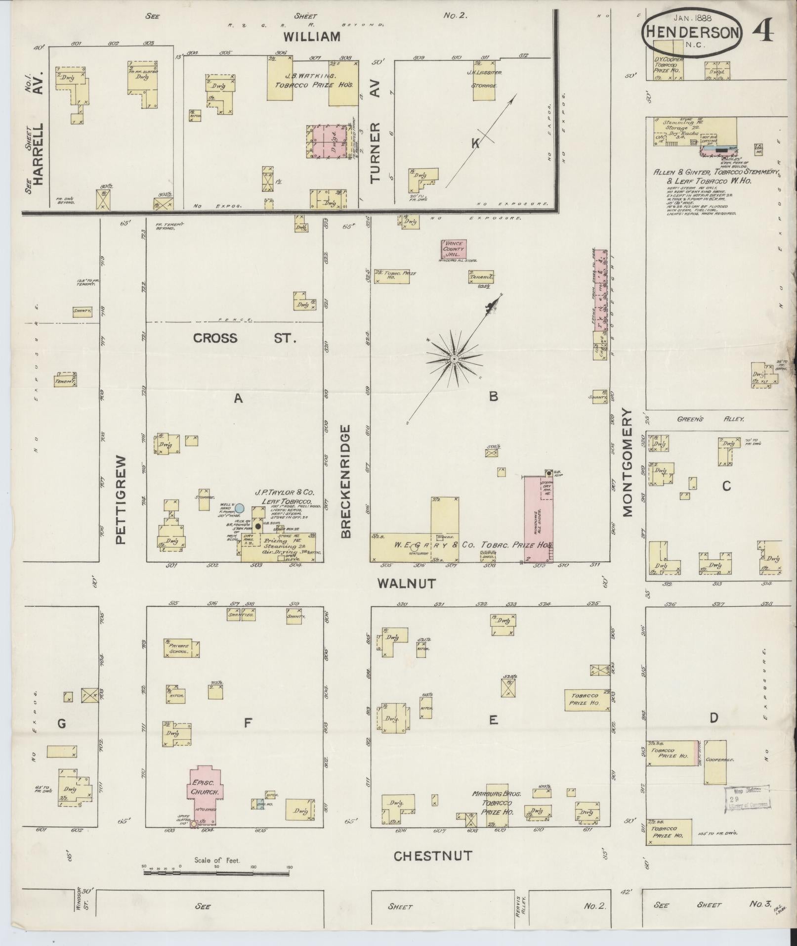 Sanborn Fire Insurance Map from Henderson, Vance County, North Carolina (1888), Sheet #0004 - Historic Sanborn Fire Insurance Map Print, vintage old map wall art, antique decor, genealogy gift, North Carolina North Carolina map