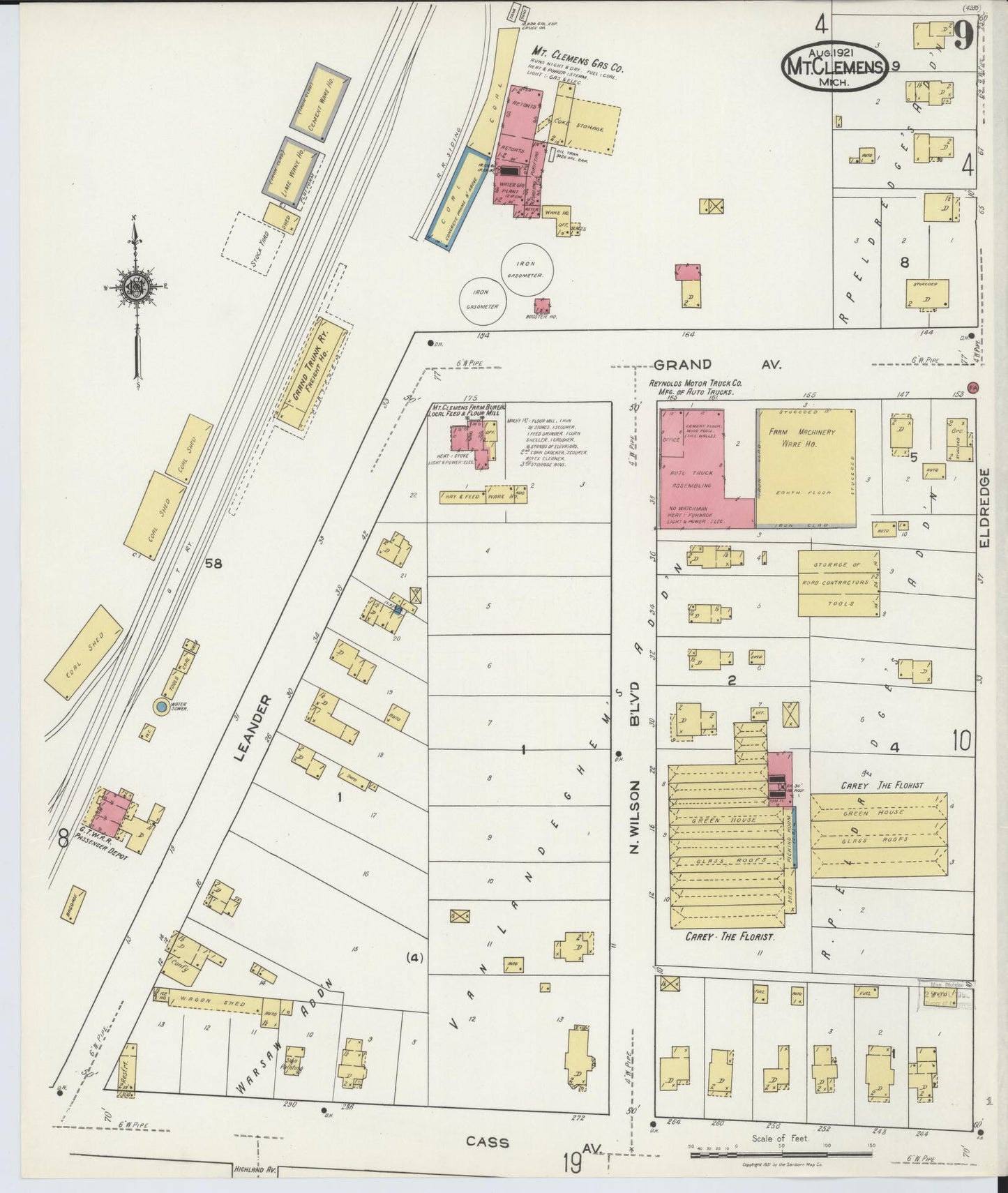 Sanborn Fire Insurance Map from Mount Clemens, Macomb County, Michigan (1921), Sheet #0009 - Complete Map Set gallery image, historic Sanborn map, vintage wall art, Michigan Michigan