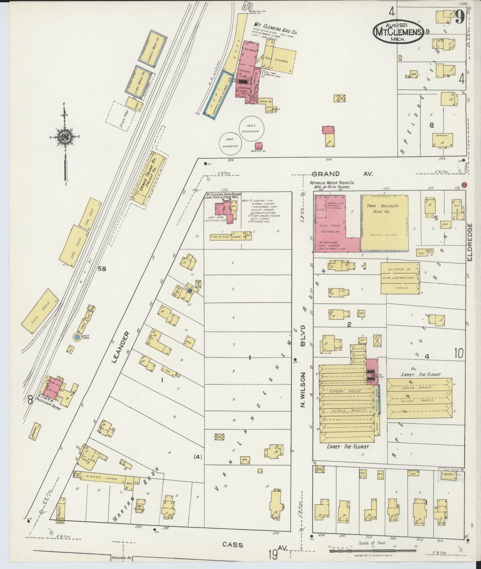 Sanborn Fire Insurance Map from Mount Clemens, Macomb County, Michigan (1921), Sheet #0009 - Complete Map Set gallery image, historic Sanborn map, vintage wall art, Michigan Michigan