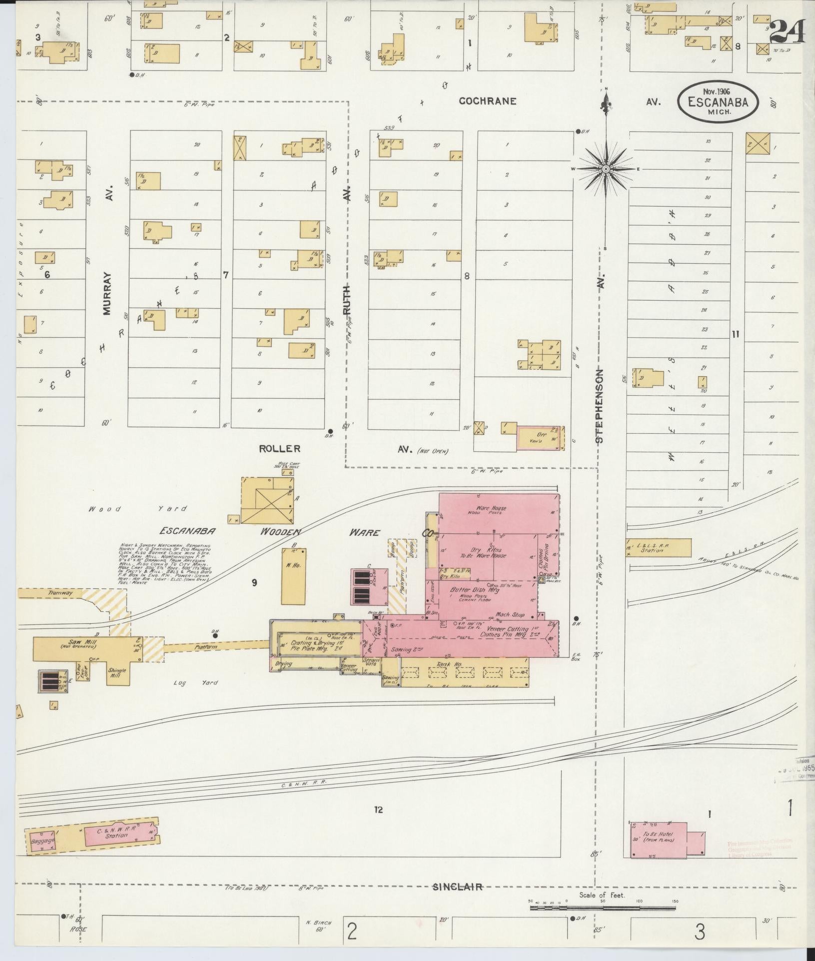 Sanborn Fire Insurance Map from Escanaba, Delta County, Michigan (1906), Sheet #0024 - Historic Sanborn Fire Insurance Map Print, vintage old map wall art, antique decor, genealogy gift, Michigan Michigan map