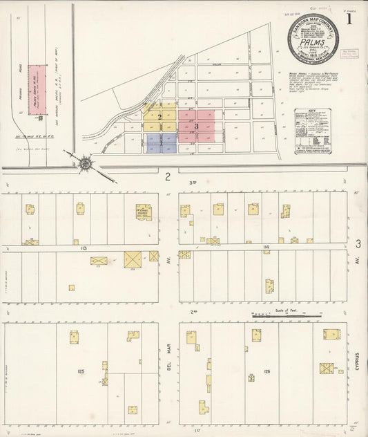 Sanborn Fire Insurance Map from Palms, Los Angeles County, California (1910), Sheet #0001 - Complete Map Set gallery image, historic Sanborn map, vintage wall art, California California