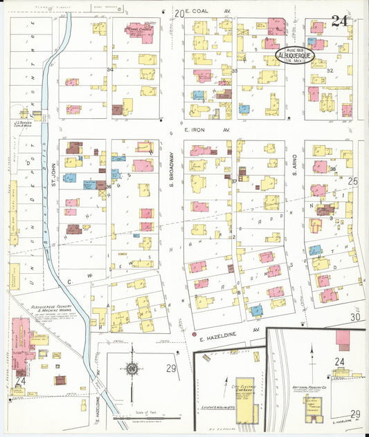 Sanborn Fire Insurance Map from Albuquerque, Bernalillo County, New Mexico (1919), Sheet #0024 - Historic Sanborn Fire Insurance Map Print, vintage old map wall art, antique decor, genealogy gift, New Mexico New Mexico map