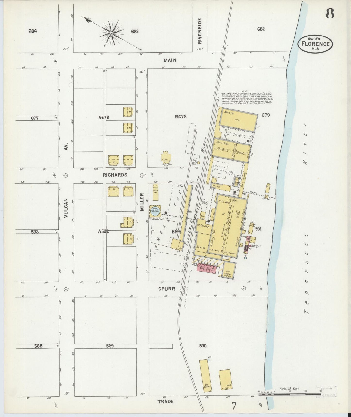 Sanborn Fire Insurance Map from Florence, Lauderdale County, Alabama (1899), Sheet #0008 - Historic Sanborn Fire Insurance Map Print, vintage old map wall art, antique decor, genealogy gift, Alabama Alabama map