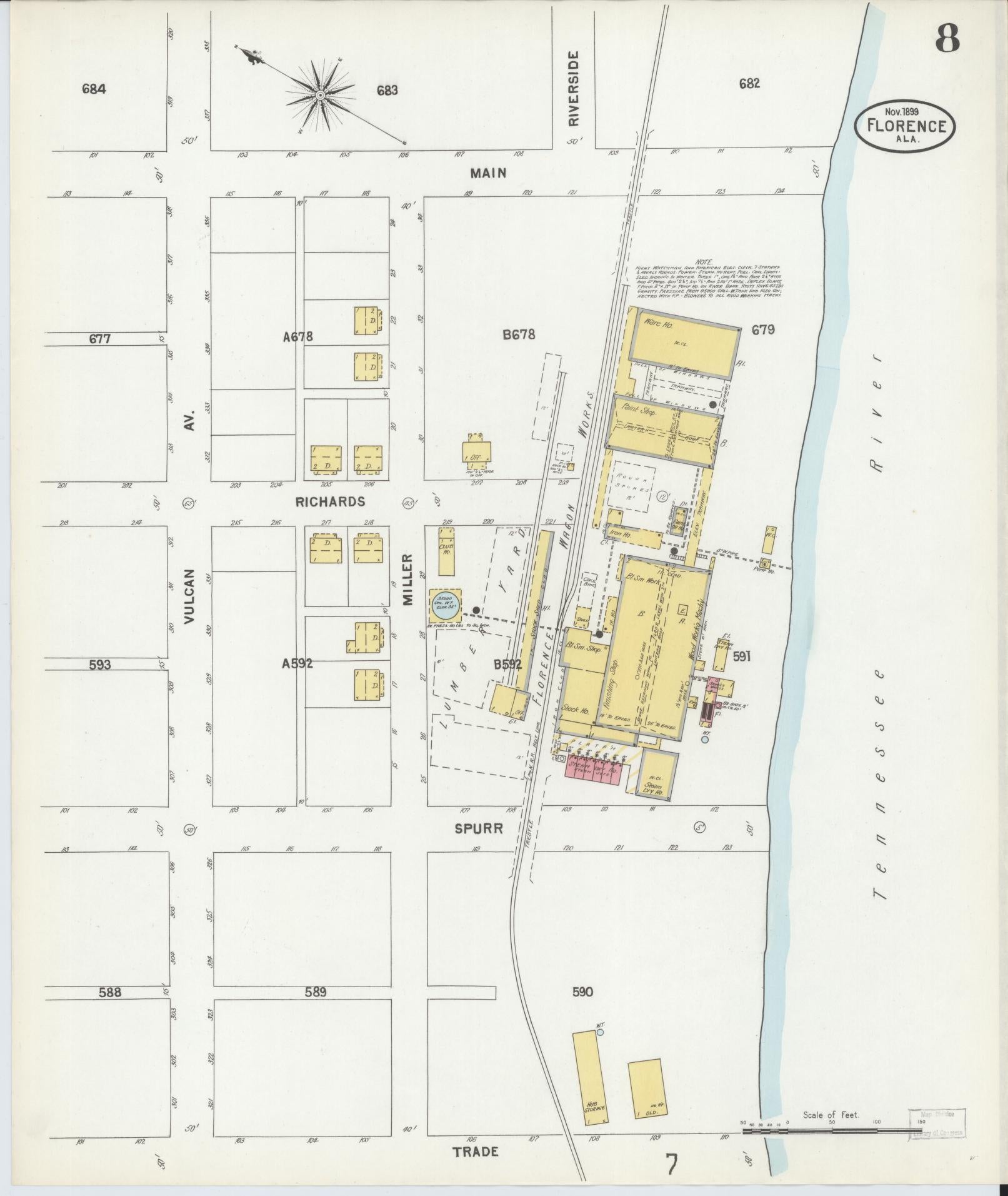 Sanborn Fire Insurance Map from Florence, Lauderdale County, Alabama (1899), Sheet #0008 - Historic Sanborn Fire Insurance Map Print, vintage old map wall art, antique decor, genealogy gift, Alabama Alabama map