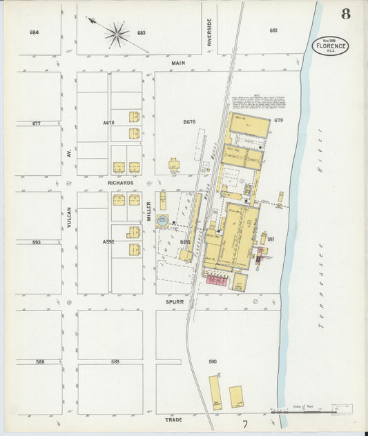 Sanborn Fire Insurance Map from Florence, Lauderdale County, Alabama (1899), Sheet #0008 - Historic Sanborn Fire Insurance Map Print, vintage old map wall art, antique decor, genealogy gift, Alabama Alabama map