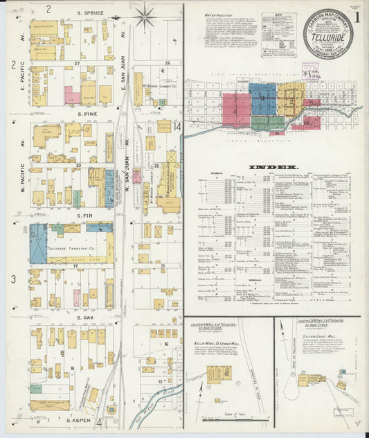 Sanborn Fire Insurance Map from Telluride, San Miguel County, Colorado (1908), Sheet #0001 - Complete Map Set gallery image, historic Sanborn map, vintage wall art, Colorado Colorado