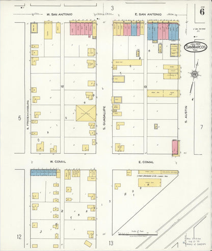 Sanborn Fire Insurance Map from San Marcos, Hays County, Texas (1922), Sheet #0006 - Historic Sanborn Fire Insurance Map Print, vintage old map wall art, antique decor, genealogy gift, Texas Texas map
