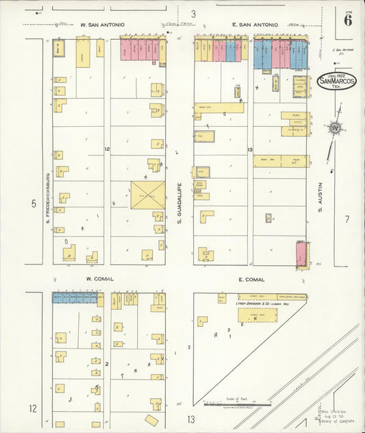 Sanborn Fire Insurance Map from San Marcos, Hays County, Texas (1922), Sheet #0006 - Historic Sanborn Fire Insurance Map Print, vintage old map wall art, antique decor, genealogy gift, Texas Texas map