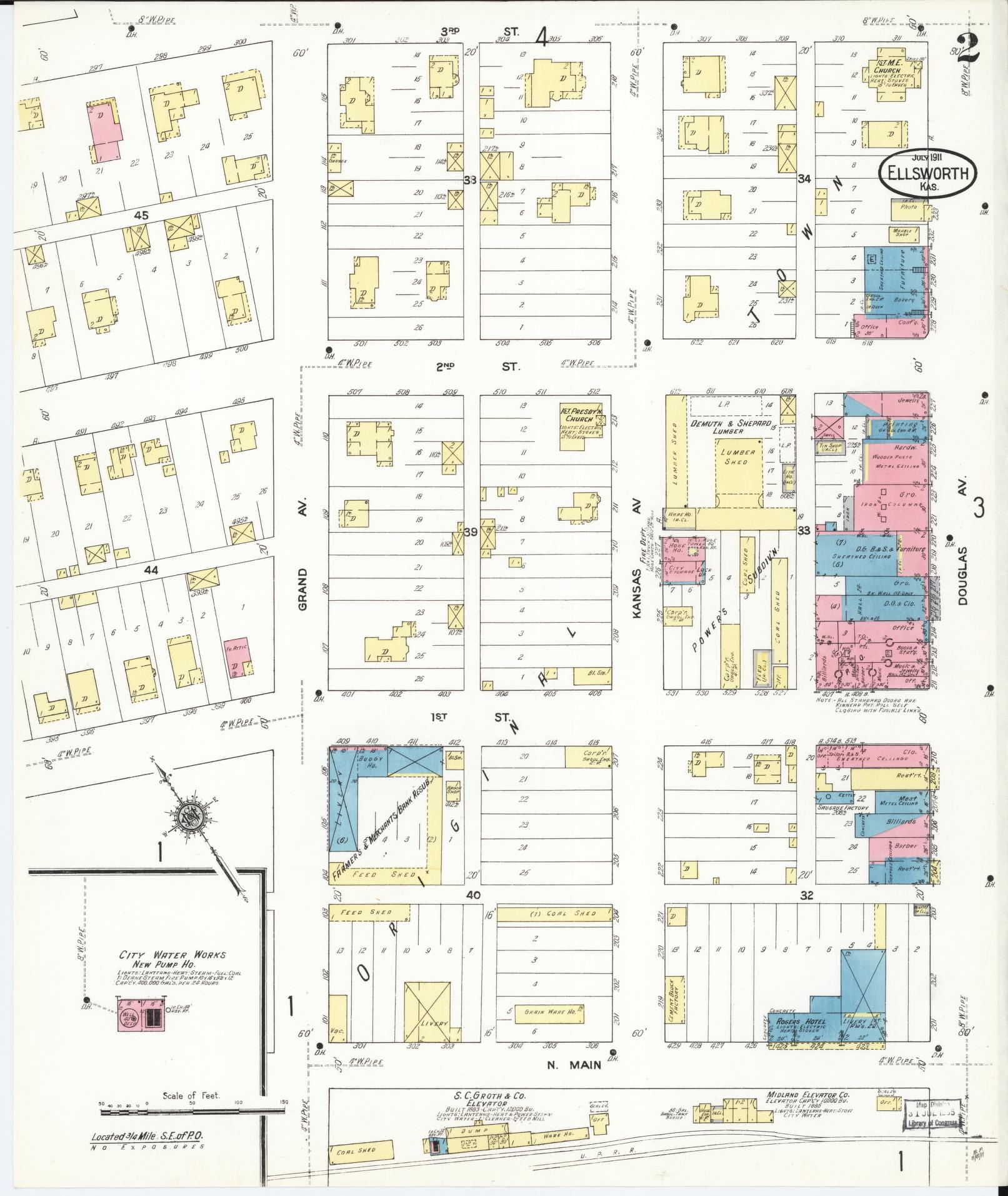 Sanborn Fire Insurance Map from Ellsworth, Ellsworth County, Kansas (1911), Sheet #0002 - Historic Sanborn Fire Insurance Map Print, vintage old map wall art, antique decor, genealogy gift, Kansas Kansas map