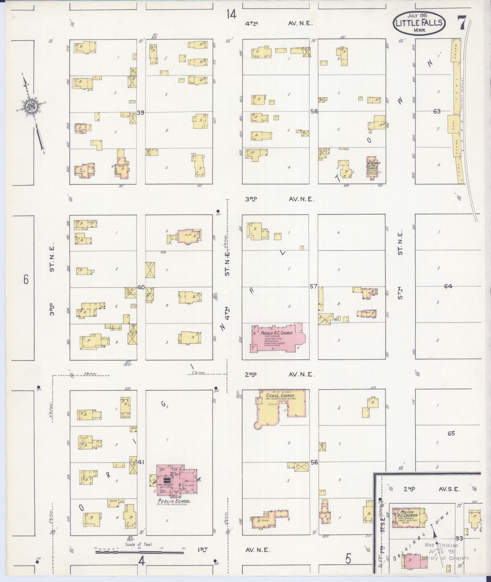 Sanborn Fire Insurance Map from Little Falls, Morrison County, Minnesota (1915), Sheet #0007 - Historic Sanborn Fire Insurance Map Print, vintage old map wall art, antique decor, genealogy gift, Minnesota Minnesota map