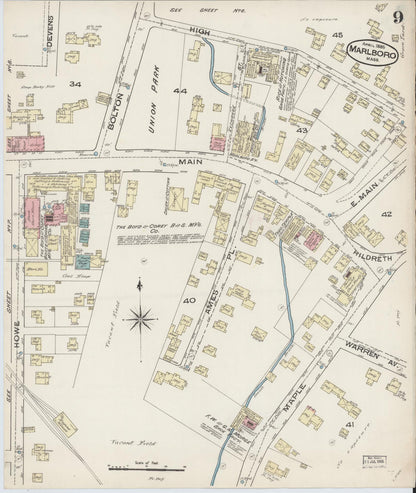 Sanborn Fire Insurance Map from Marlborough, Middlesex County, Massachusetts (1885), Sheet #0009 - Historic Sanborn Fire Insurance Map Print, vintage old map wall art, antique decor, genealogy gift, Massachusetts Massachusetts map