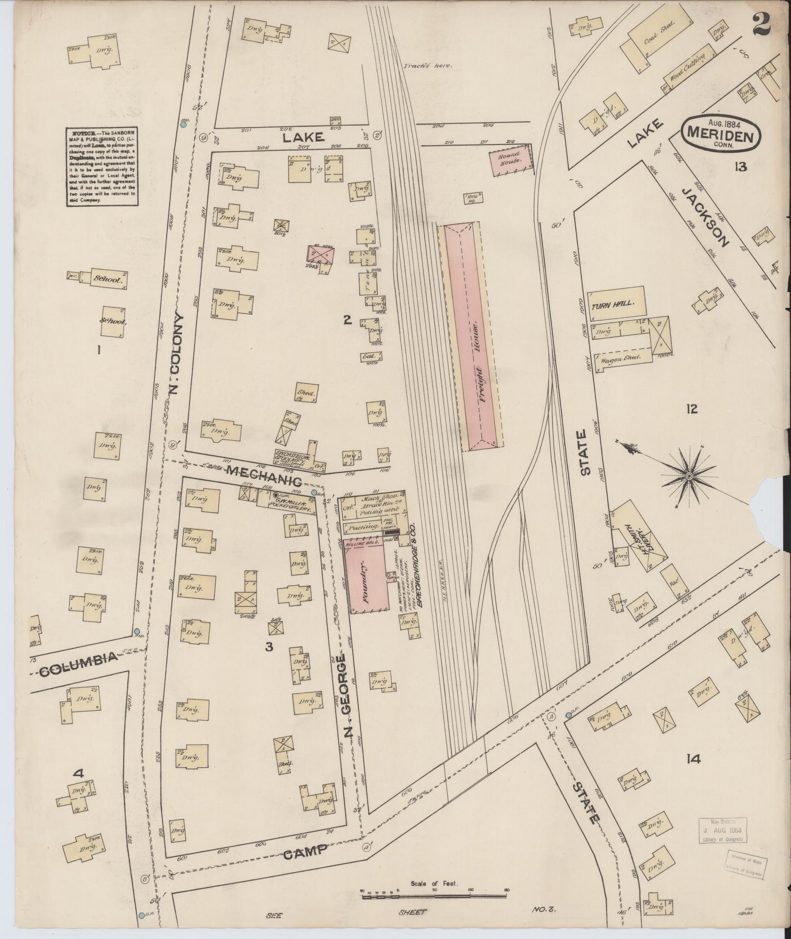 Sanborn Fire Insurance Map from Meriden, New Haven County, Connecticut (1884), Sheet #0002 - Complete Map Set gallery image, historic Sanborn map, vintage wall art, Connecticut Connecticut
