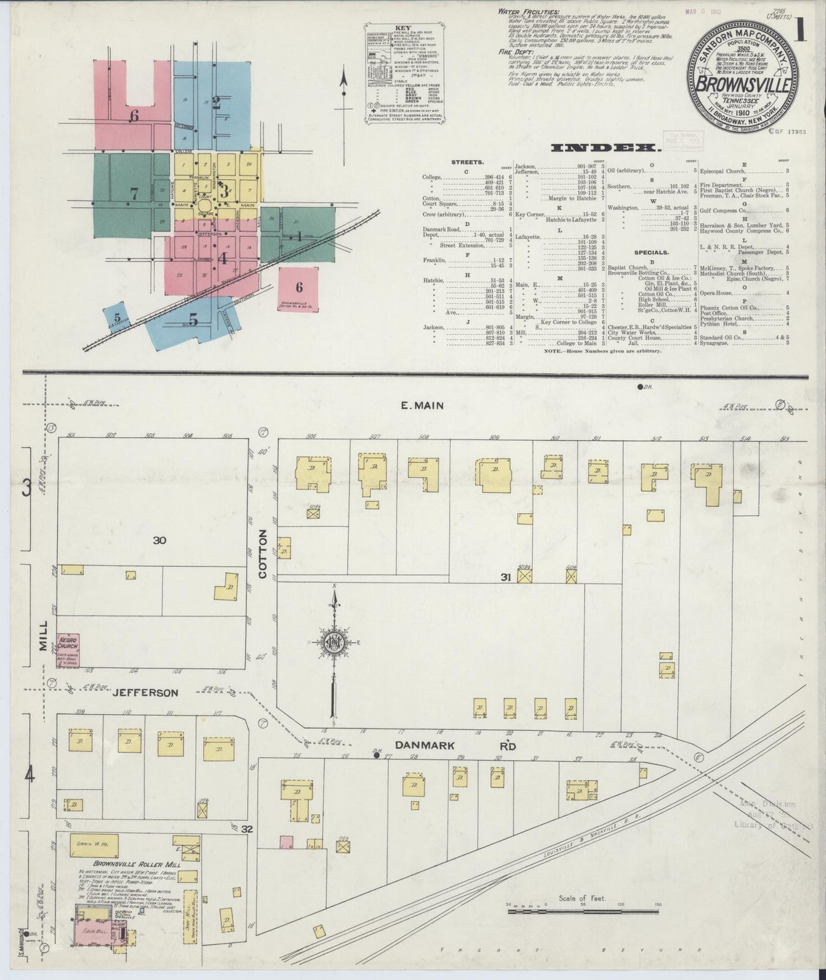 Sanborn Fire Insurance Map from Brownsville, Haywood County, Tennessee (1910), Sheet #0001 - Historic Sanborn Fire Insurance Map Print, vintage old map wall art, antique decor, genealogy gift, Tennessee Tennessee map