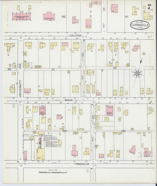 Sanborn Fire Insurance Map from Clarksville, Montgomery County, Tennessee (1893), Sheet #0007 - Historic Sanborn Fire Insurance Map Print, vintage old map wall art, antique decor, genealogy gift, Tennessee Tennessee map