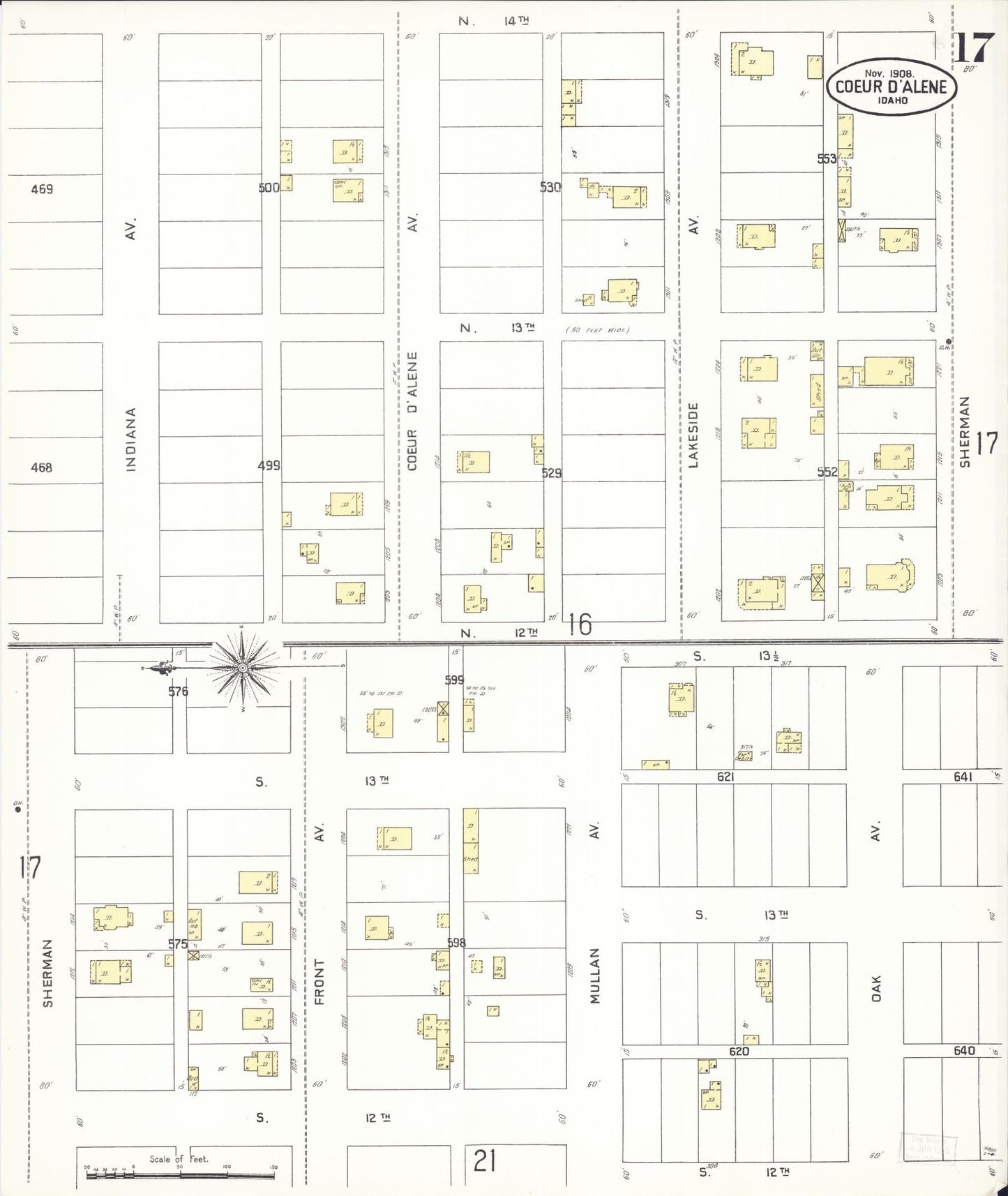 Sanborn Fire Insurance Map from Coeur D'alene, Kootenai County, Idaho (1908), Sheet #0017 - Historic Sanborn Fire Insurance Map Print, vintage old map wall art, antique decor, genealogy gift, Idaho Idaho map