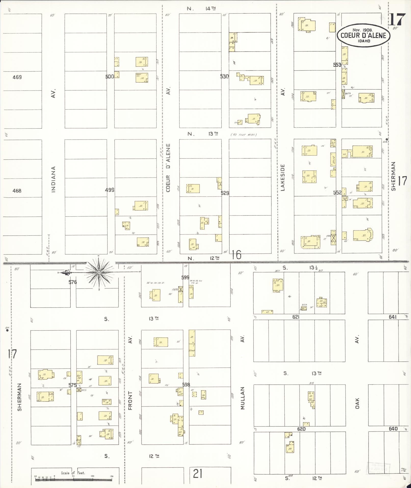 Sanborn Fire Insurance Map from Coeur D'alene, Kootenai County, Idaho (1908), Sheet #0017 - Historic Sanborn Fire Insurance Map Print, vintage old map wall art, antique decor, genealogy gift, Idaho Idaho map